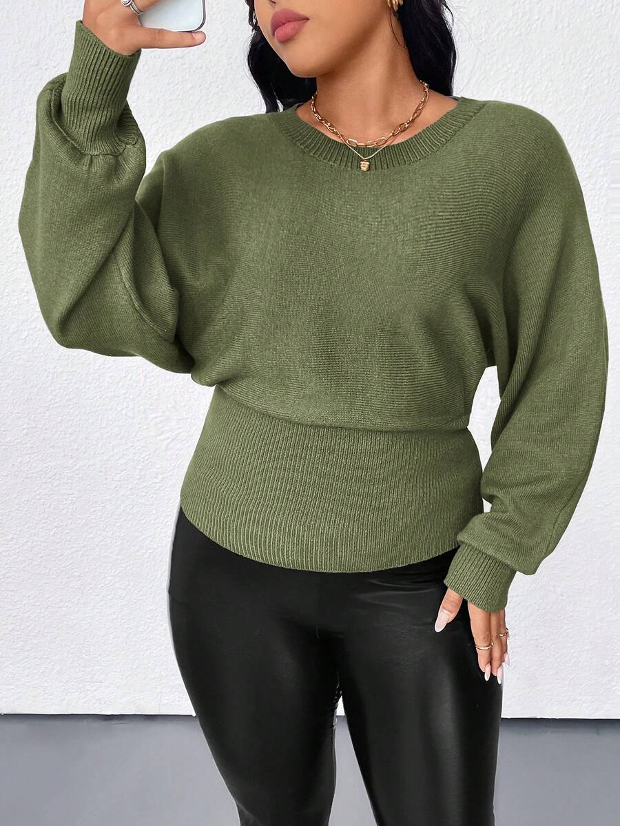 Elenzga Plus Size Casual Solid Color Batwing Sleeve Sweater, Autumn/Winter - Green - View 1