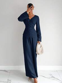 Siren Gaze Women's Fashionable And Elegant Waist Cinching Shirt Set, New Autumn Collection Blue Spring - Navy Blue - View 3