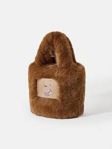 We Bare Bears X SHEIN Ladies Women Top Handle Bags,Crossboby Bags, Cute Cartoon Bear Pattern Faux Fur Plush Bag,Fashionable, Personalized, Simple, Versatile, Hot Girls, Y2k, Autumn And Winter - Brown - View 9