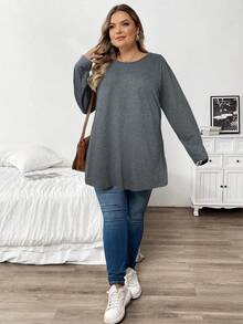 SHEIN CURVE+ 大码纯色休闲长袖T恤，秋季款 - 深灰色 - 查看 4