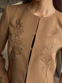 ZEYLAH Women's Embroidered Beaded Long Sleeve Fashion Jacket - Khaki - View 2