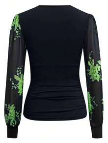 SHEIN LUNE 女式刺绣透视深V领T恤图案T恤女式上衣 - 綠色 - 查看 2