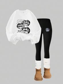 SHEIN Explorewe Streecool Tween Girl 2pcs Set: White Crew Neck Teddy Bear Graffiti Print Loose Sweatshirt And Casual Sweatpants - White - View 6