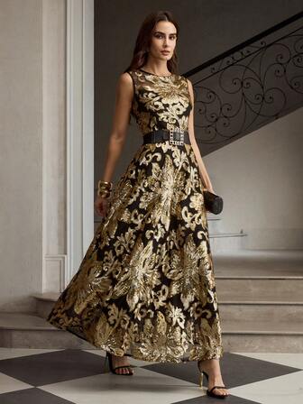 ZEYLAH Vestido de línea A con cuello redondo y sin mangas con estampado elegante para mujer