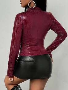 BamGleam Burgundy Faux Leather Texture Slim Fit Zip-Up Jacket With Stand Collar - Burgundy - View 2