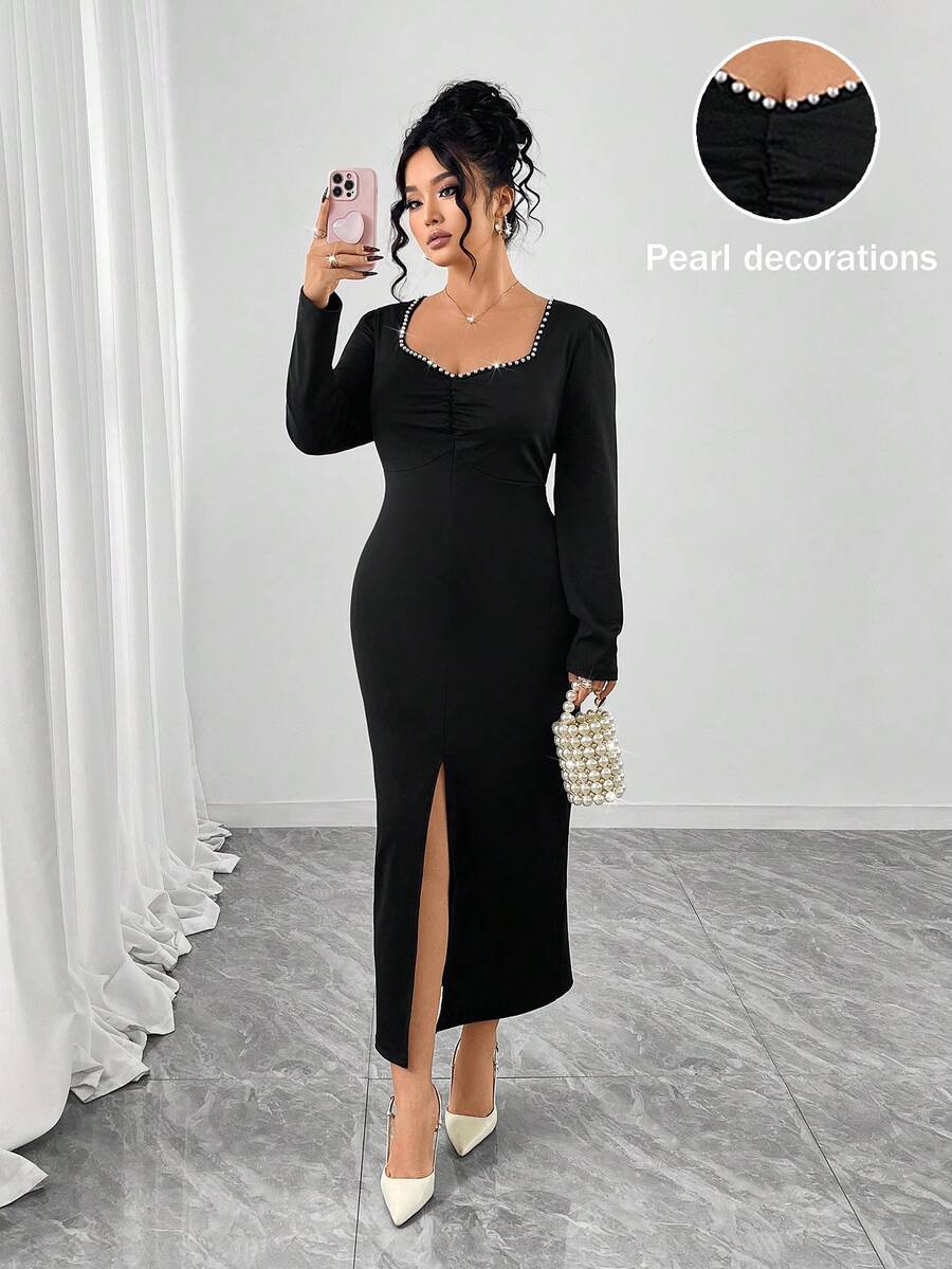SHEIN PETITE CURVE 大码纯色简约日常珍珠装饰开衩下摆连衣裙 - 黑色 - 查看 1