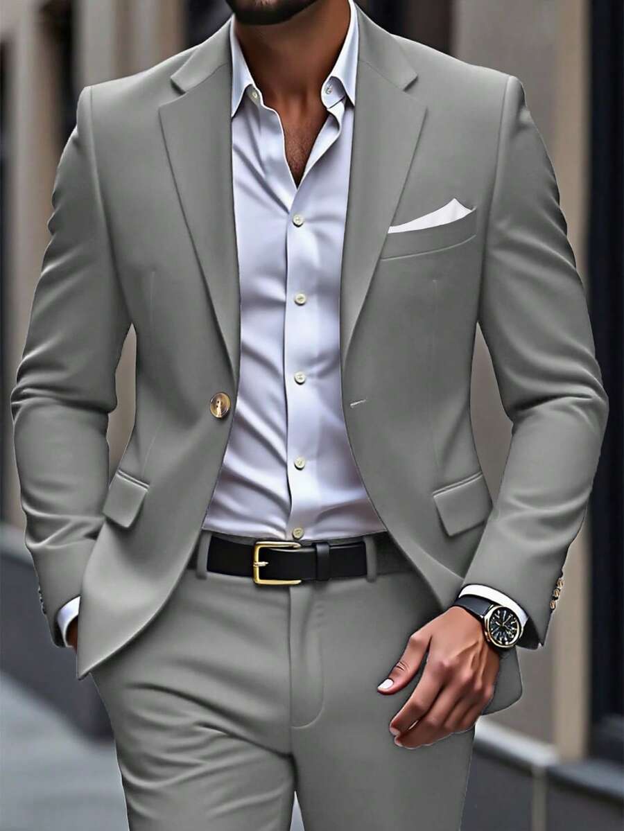 Manfinity Mode Plus Size Men's Business Commuter Suit Set(Blazer & Pants)Grey Suits For Men Slim Fit Wedding Classy Clothes Elegant Outfit, Formal, Ceremony - Light Grey - View 1
