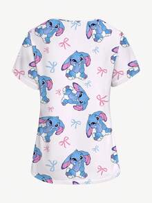 PopScrub 可爱兔子卡通印花V领短袖女式时尚制服上衣 - 彩色 - 查看 2