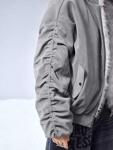 ROMWE EDITION Y2K仿皮草和麂皮双面穿女式韩流外套，适合秋冬季穿着 - 灰色 - 查看 6