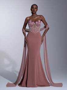 Elitara 优雅奢华魅力珍珠泡泡设计性感V领露背美人鱼连衣裙，适合婚礼、活动、单身派对、度假、晚宴、正式场合。 - 藕粉色 - 查看 4