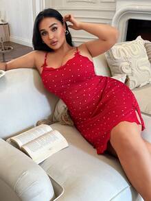 ZzzCrew Heart-Print Red Dress Plus Size Women Knitted Ribbed Red Heart Print Contrast Lace Bow Cute Sleepwear , Suitable And Celebrations Red Night Dress - Red - View 4