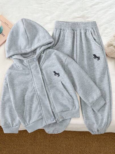 SHEIN Genkimix Kids 2pcs Young Girl Embroidered Casual Hooded Jacket + Solid Color Fashion Tapered Pants Set