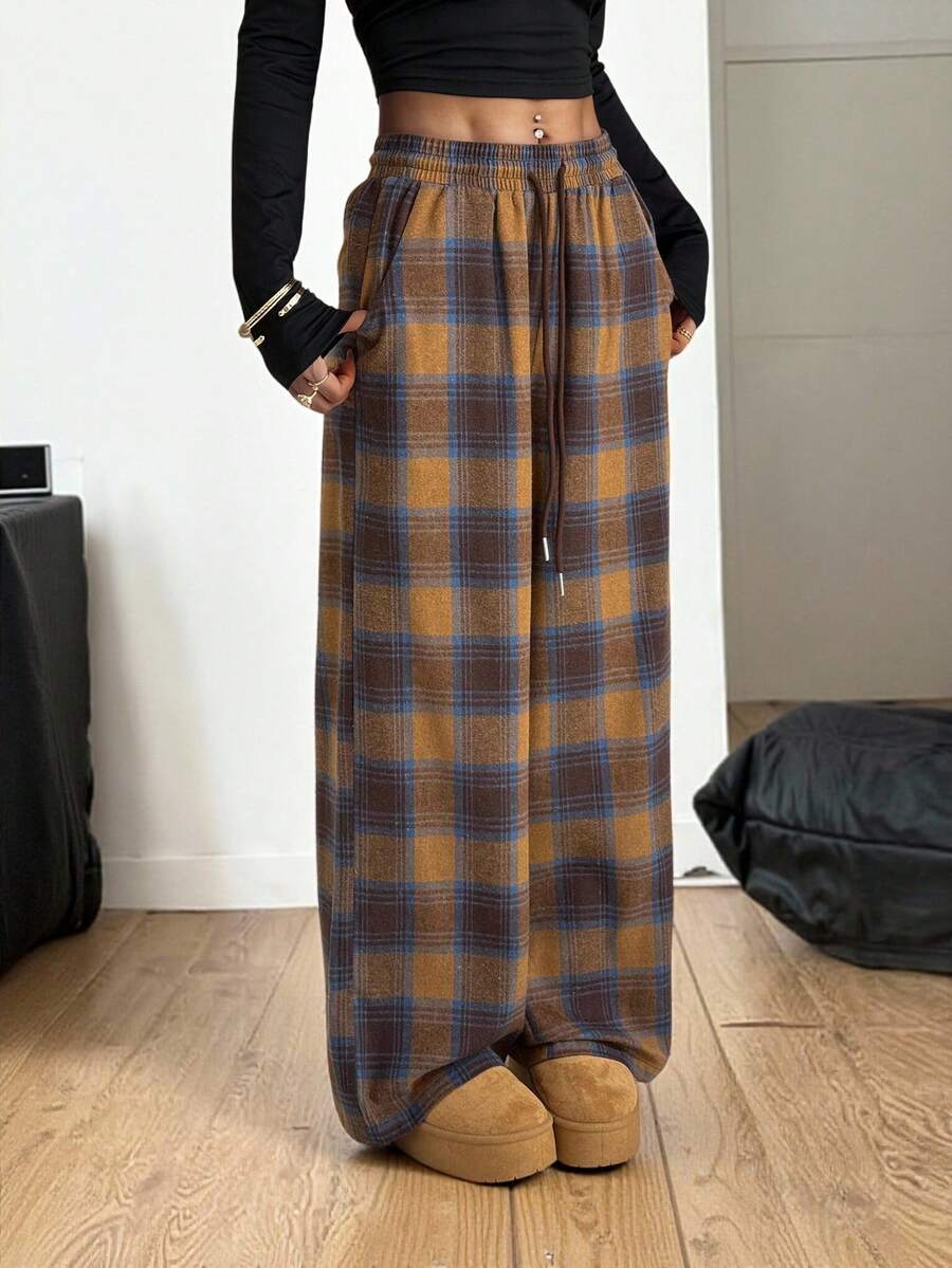 SHEIN PETITE 女士秋冬街头复古外出休闲宽松格纹阔腿裤 - 彩色 - 查看 1
