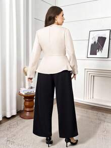 Modelyn Conjunto de traje elegante de chaqueta de manga larga con cinturón en la cintura y pantalones de pierna ancha para mujer de talla grande - Multicolor - Ver 2