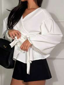Ronhire Lantern Sleeve Surplice Belted Peplum Off The Shoulder Blouse,Long Sleeve Tops - White - View 5