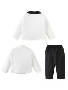 Baby Boy Gentleman Outfit Set, White Shirt,White And Black Blazer, Elastic Waist Pants Set, Suitable For Birthday Party, Evening Party, Performance, Wedding, Baby Shower, 1st Birthday Celebration Gentleman Suit Long Sleeve Jacket Formal Suit With Bowknot  New Years - Black and White - View 2