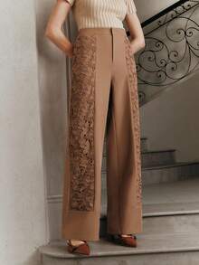 Quần ống đứng dáng rộng, thiết kế thanh lịch phối ren của Anewsta dành cho nữ, kiểu dáng thời trang giúp thon gọn vóc dáng, phù hợp cho các dịp trang trọng, tiệc tùng, đi làm, tốt nghiệp, cưới hỏi, và mặc cùng váy đỏ. - Màu vàng - Xem 3