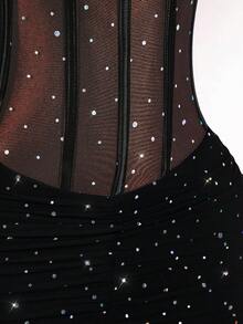 Amplova Halter Neck Sleeveless Rhinestone Decor Cinched Waist Sheer Ruched Sexy Party Mini Dress Sexy Dress For Club Rhinestone Dress - Black - View 6