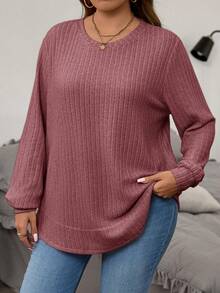 EMERY ROSE Plus Size Solid Color Ribbed Knit Top,Autumn Winter Long Sleeve T-Shirt For Women,Casual Sweater,Dusty Pink,Smart Casual,Everyday - Dusty Pink - View 6