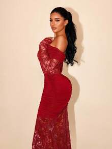 Sirith 女士优雅性感蕾丝拼接露肩连衣裙 - 紅色 - 查看 5