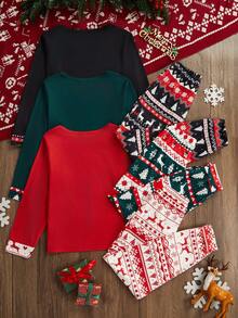 6 Piece Christmas Reindeer Snowflake Christmas Tree Letter Print Pajamas Crew Neck Long Sleeve And Pants Set Christmas Day Christmas Gifts Christmas Pajamas For Boy And Girl Kids Christmas Pjs - Multicolor - View 2