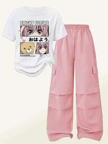 SHEIN ChillGRL 2件套青少年女孩休闲动漫女孩图案T恤和阔腿工装裤套装