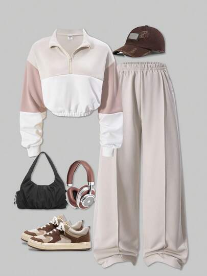 SHEIN ChillGRL 两件套 Streecool 儿童青少年女孩休闲街头时尚针织翻领卫衣 + 纯色针织直筒裤套装，适合春秋季日常休闲、运动、度假穿着。