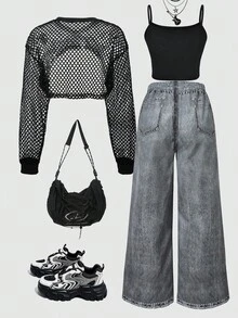 SHEIN ChillGRL Teen Girl 3pcs Set: Loose Street Style Denim Effect Pants, Crop Tank Top, Long Sleeve Hooded Mesh Sweatshirt - Fashionable - Black - View 2