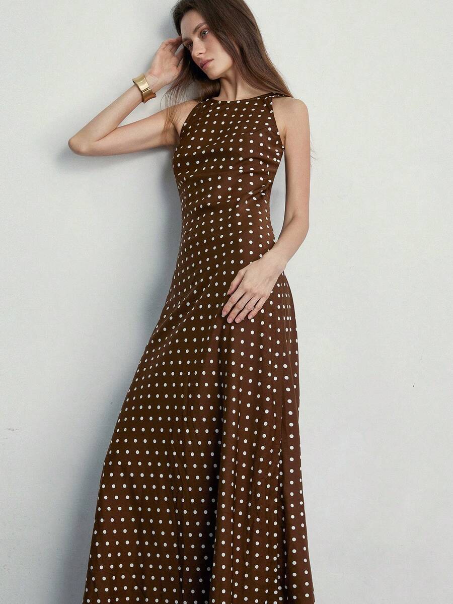 Aveloria Modichic Minimalist Elegant Polka Dot Satin Round Neck Sleeveless Dress, Versatile For Commute And Everyday Wear - Brown - View 1