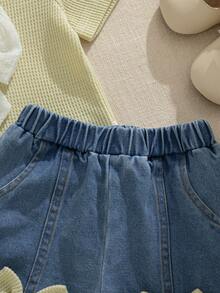 Souflis Souflis Top tricotat cu mânecă scurtă, galben deschis, în stil retro francez, cu fundă 3D, asortat cu pantaloni scurți din denim casual versatili, ținută jucăușă și drăguță pentru fete, potrivită pentru școală, ieșiri și ocazii multiple - Multicolor - Vizualizare 9