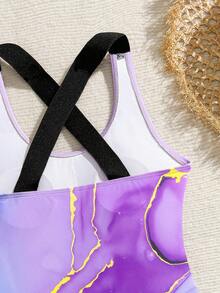 SHEIN Tween Girls' One-Piece Swimsuit, 2025 New Casual Purple Ombre Strap With Double Straps, Fashionable Elegant Refined Lively Cute Energetic Swimwear For Swimming, Beach, Pool, Photo Shoot, Gift Girls Lavender Swimsuits Tween Girl Marble Print One Piece Summer Summer Vacation Thermal Christmas Holiday Festival New Years Valentines Swim 
رمضان
عباياتabaya جلابياتjalabiya جلابيه Purple One Piece Swimsuit - Multicolor - View 8