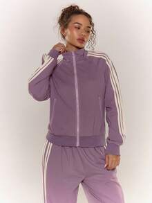 MUSERA 高领撞色条纹包边拉链夹克运动上衣（仅上衣）可爱秋季休闲工作街头风运动职业装商务休闲优雅春夏 - 紫色 - 查看 1