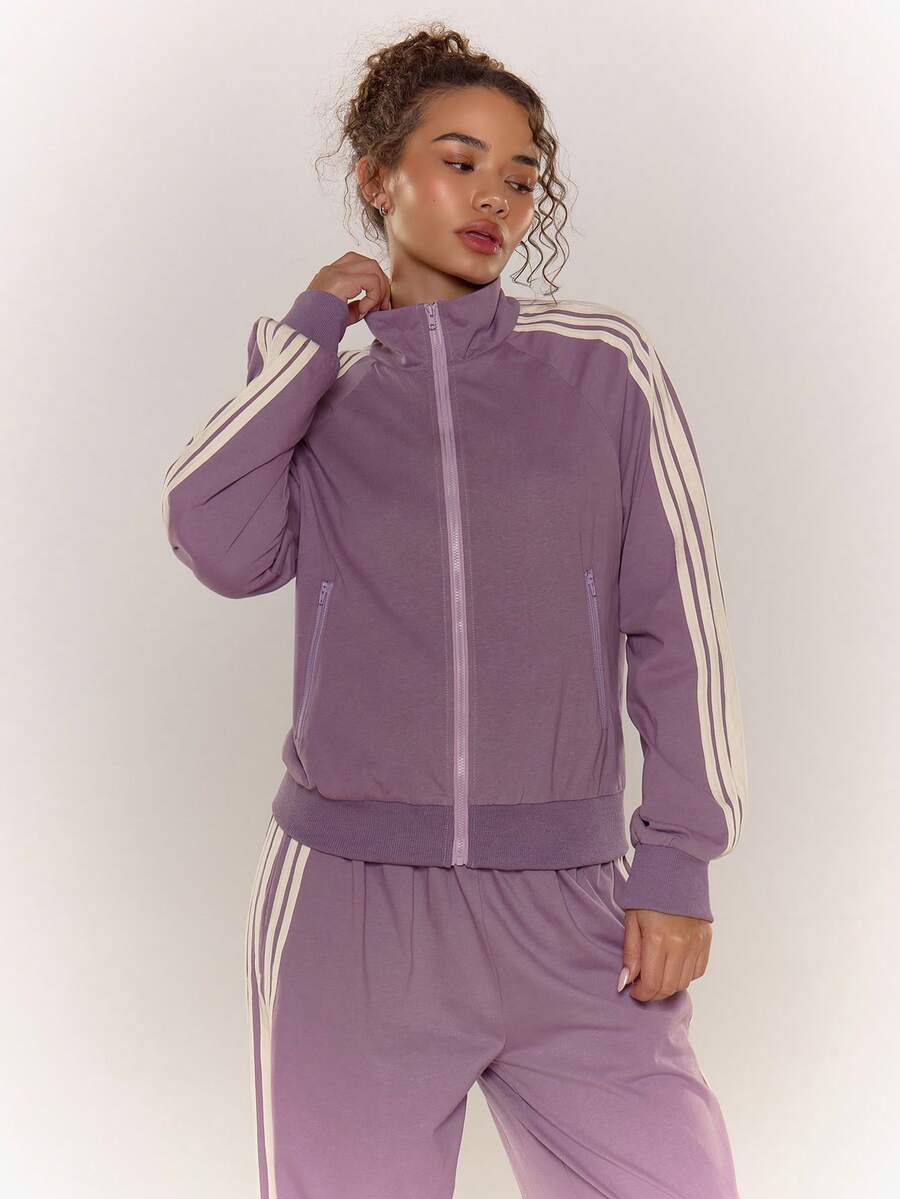 MUSERA 高领撞色条纹包边拉链夹克运动上衣（仅上衣）可爱秋季休闲工作街头风运动职业装商务休闲优雅春夏 - 紫色 - 查看 1