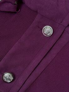 Sunspun Plus Size Solid Color Ribbed Waist Turndown Collar Button Decor Belt Short Jacket, Long Sleeve - Purple - View 7