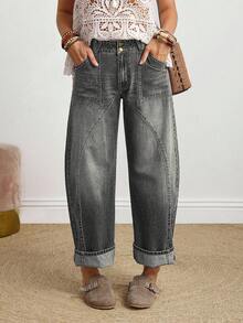 SHEIN Tall Women's Solid Color Casual Everyday Denim Jeans - Dark Grey - View 7