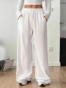 SHEIN PETITE Women's Summer Country Concert Going Out Boho Beach Vacation Outfits Basic Minimalist Washed 100%Cotton White Pants Curved Hem Pants,Fall Women Clothes White Wide Leg Pants Women - White - View 14