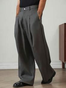 HUEFORM Pantalones casuales holgados de pierna ancha y plisados de unicolor para hombres - Gris - Ver 3