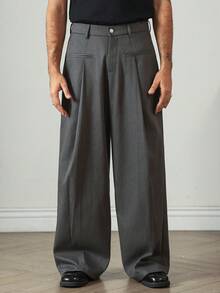 HUEFORM Pantalones casuales holgados de pierna ancha y plisados de unicolor para hombres - Gris - Ver 5