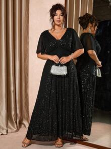 Cravure 新款V领黑色亮片拼接雪纺加大码派对连衣裙 - 黑色 - 查看 3