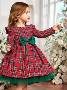 Glamorique Kids 女童格紋洋裝，節慶花童款，荷葉邊肩帶長袖擺裙中長洋裝，適合婚禮、7歲生日、假期，秋冬紅色 - 紅色 - 查看 3