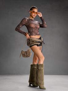 CUCCOO SZL Giày bốt cao đến đầu gối thời trang mũi nhọn có khóa cài màu trơn dành cho nữ, mùa thu/đông - Màu Khaki - Xem 2