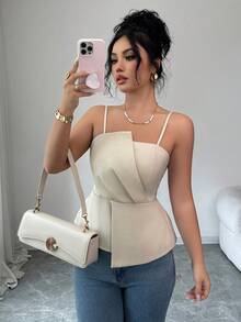 Elenzga Áo hai dây nữ thanh lịch, xếp ly không đối xứng, eo nhún, màu trơn, hợp thời trang cho thường ngày, tiệc tùng và tụ tập - Màu be - Xem 7