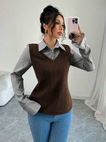 Elenzga Áo thun dài tay kẻ sọc phối màu đơn giản cho nữ, mùa thu - Màu nâu  Mocha - Xem 6