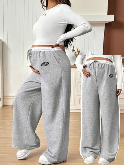 SHEIN 孕妇字母图案抽绳腰口袋阔腿休闲裤