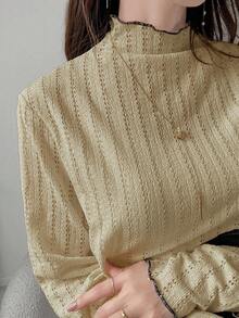 FRIFUL 女士撞色滚边高领长袖T恤 - 卡其色 - 查看 5