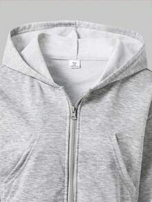 SHEIN ChillGRL 2 件套青少年女孩休闲宽松针织连帽拉链短款运动衫和时尚百搭运动裤套装，适合秋冬季 - 灰色 - 查看 5