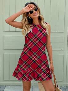 SHEIN LUNE 休闲简约风红色撞色格纹印花女式迷你连衣裙，适合派对、复古风、百搭风、学院风、返校季等场合 - 彩色 - 查看 3