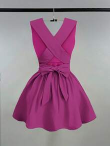 Franclia 女士浪漫优雅性感婚礼宾客纯色交叉 V 领无袖 A 字迷你连衣裙，演唱会服装百搭设计，适合海滩、派对、春夏口袋晚礼服露背奶油黄短裙 - 紫色 - 查看 2