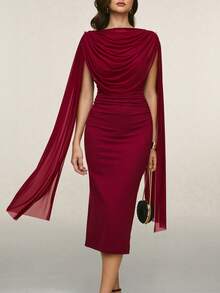 Poéselle Women's Burgundy Summer Elegant Dining Two-Piece Set,Ruched Shawl Top & Sleeveless Slim-Fit Midi Dress With Gold Brooch,Wedding Cocktail Party Outfit - Burgundy - View 4
