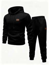 Manfinity Homme Men's Black Hoodie & Drawstring Pants Set,Diamond Textured Jacquard Fabric,Label Detail,Casual Gym Sports Suit,Autumn 2 Pieces Sweatsuit Tracksuit